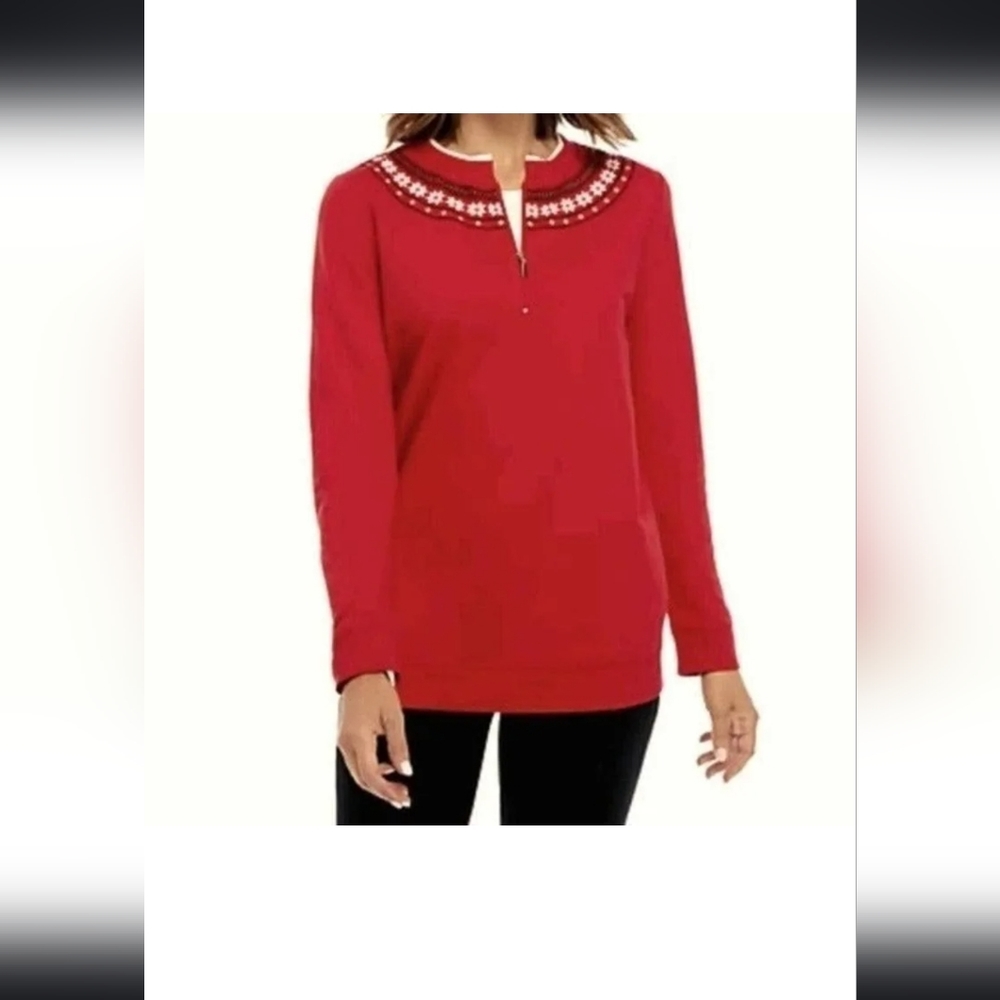 Kim Rogers Women's Fleece Sweater, Red Snowflake Yoke Long Sleeve, Size … - Picture 4 of 12